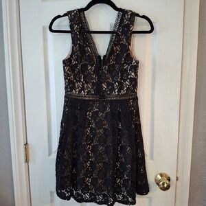 Mi Ami Black/Nude Floral Eyelet Lace Illusion A-line Mini Dress Womens Sz S Goth